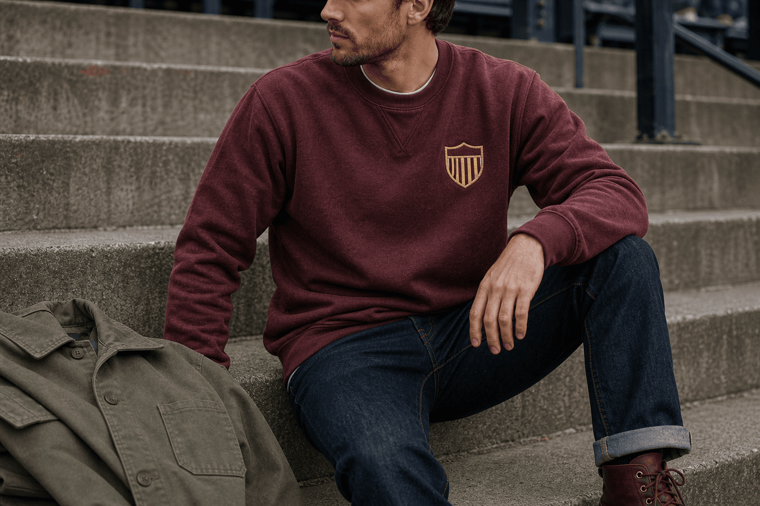 A burgundy and gold vintage-style sweatshirt worn with dark denim, brown boots, and an olive chore coat.
