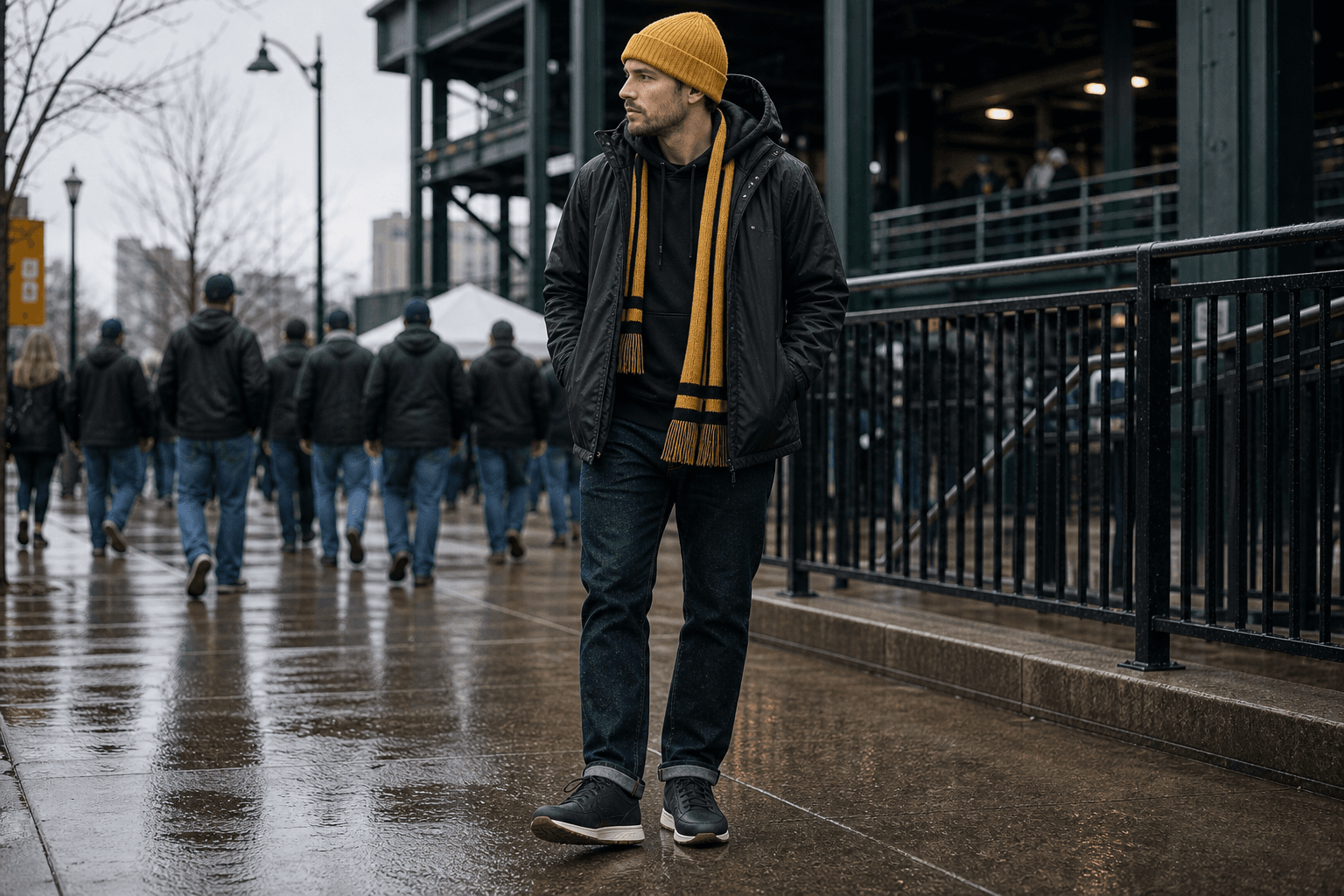 A black rain shell and hoodie styled with a gold beanie and scarf on a wet stadium sidewalk.