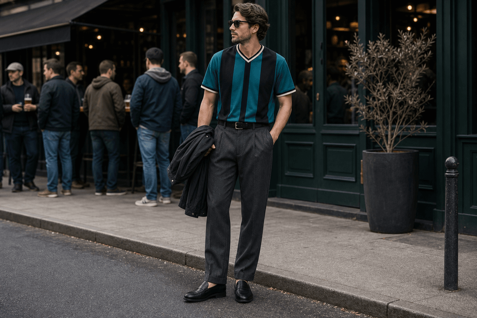 A teal and black generic soccer jersey styled with charcoal trousers and black loafers outside a sports bar.