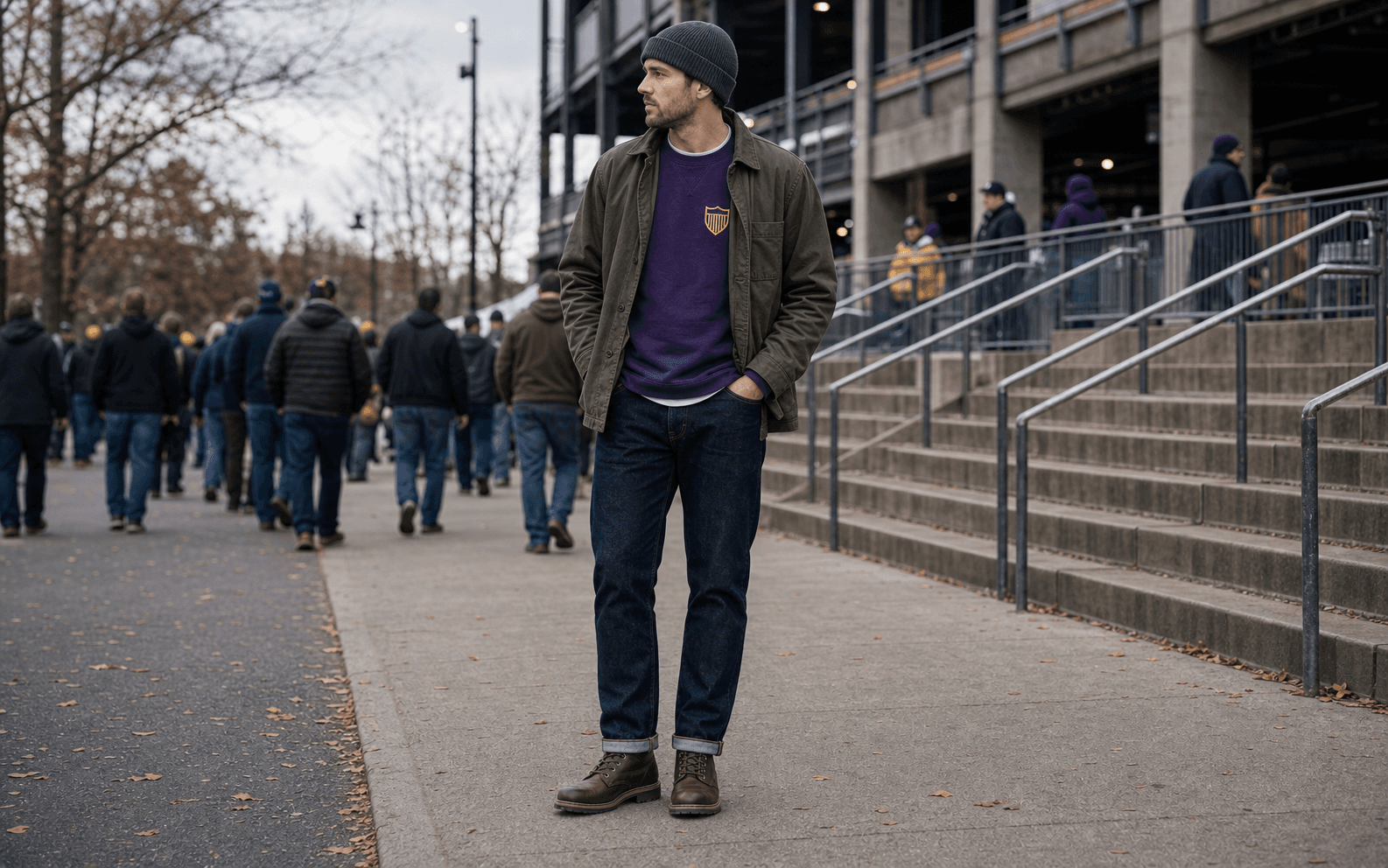 A purple sweatshirt under an olive chore coat with dark jeans, brown boots, and a charcoal beanie outside a stadium.