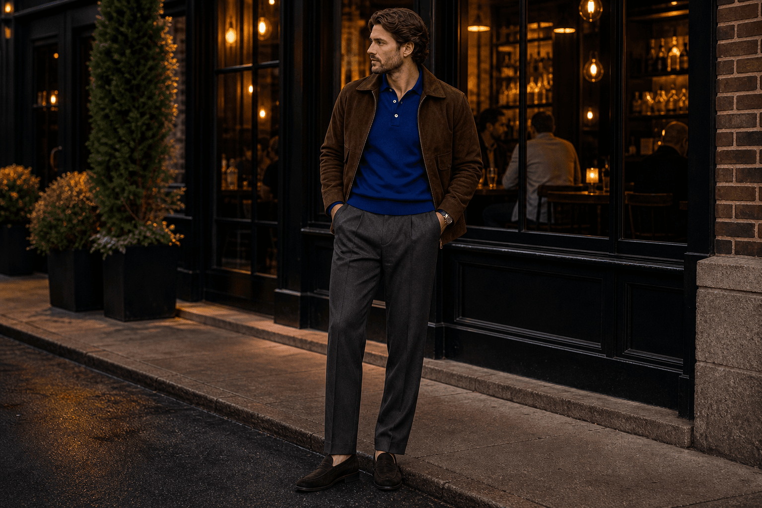 A royal blue knit polo with charcoal trousers, brown suede jacket, and dark loafers outside a restaurant.