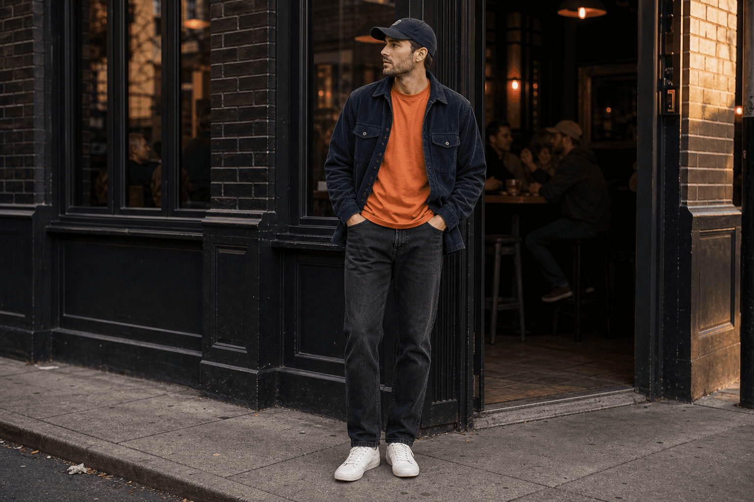 A muted orange team tee under a navy overshirt with faded black jeans and white sneakers outside a sports bar.