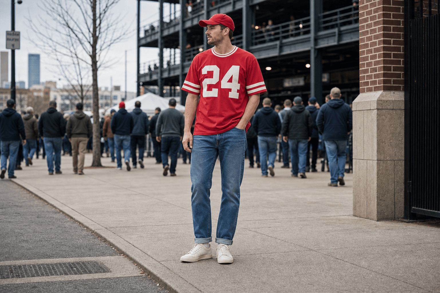 A red and white generic jersey worn with straight jeans, cream sneakers, and a red cap outside a stadium.