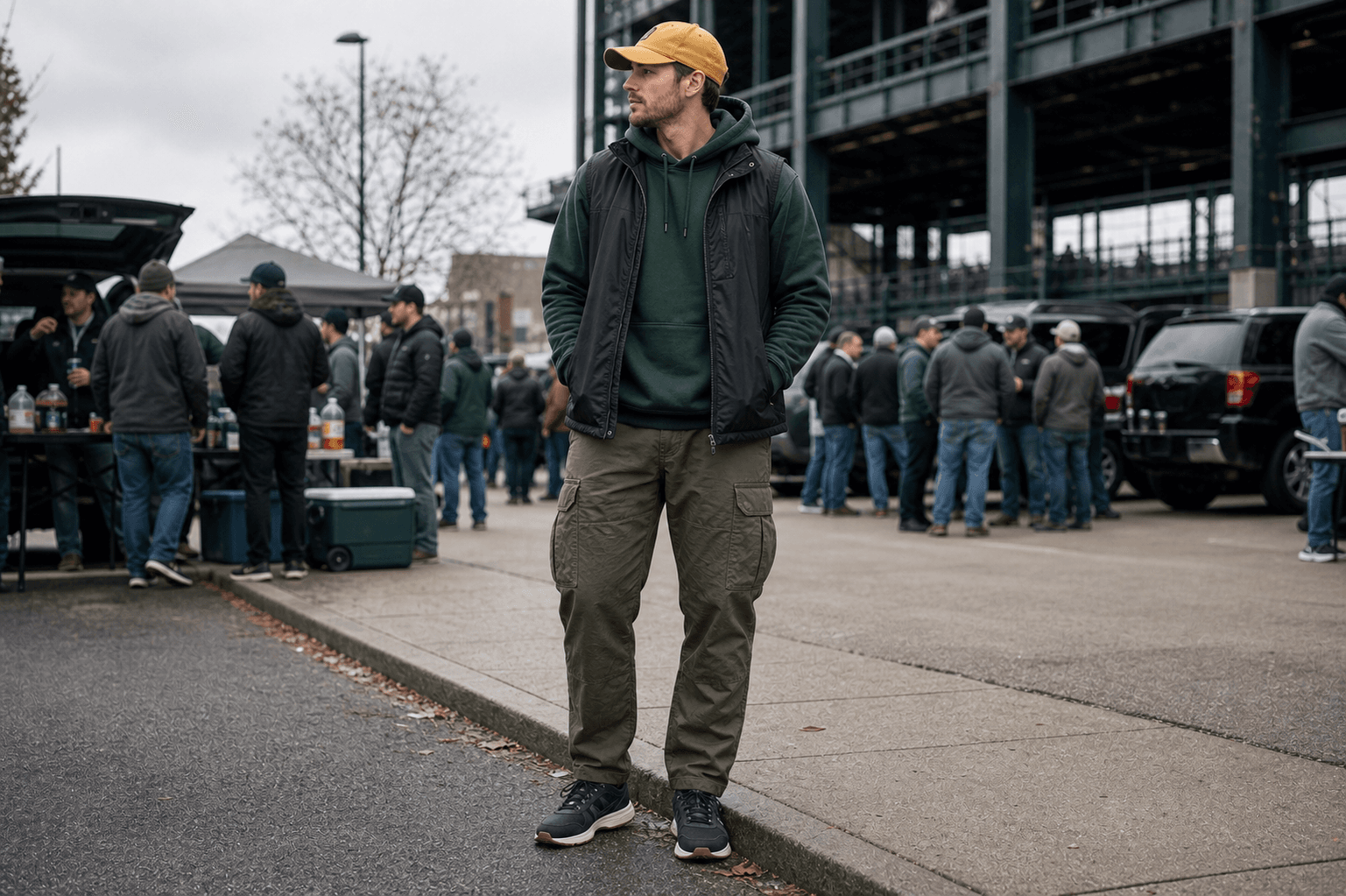 A forest green hoodie, black vest, muted gold cap, olive cargos, and waterproof sneakers at an outdoor tailgate.