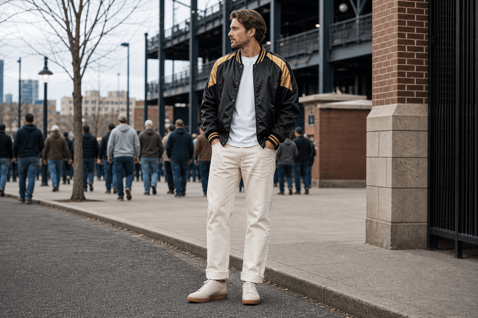 A black and gold vintage-style jacket worn with a white tee, ecru jeans, and plain gum-sole sneakers.