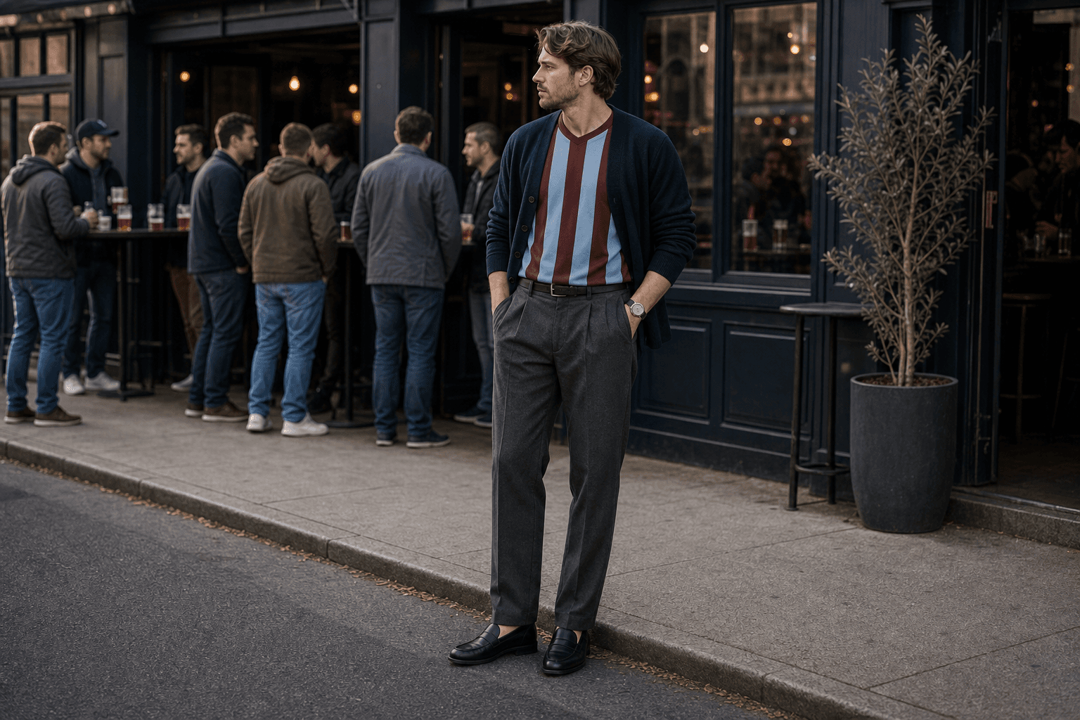 A burgundy and sky blue generic jersey under a navy cardigan with charcoal trousers and black loafers.