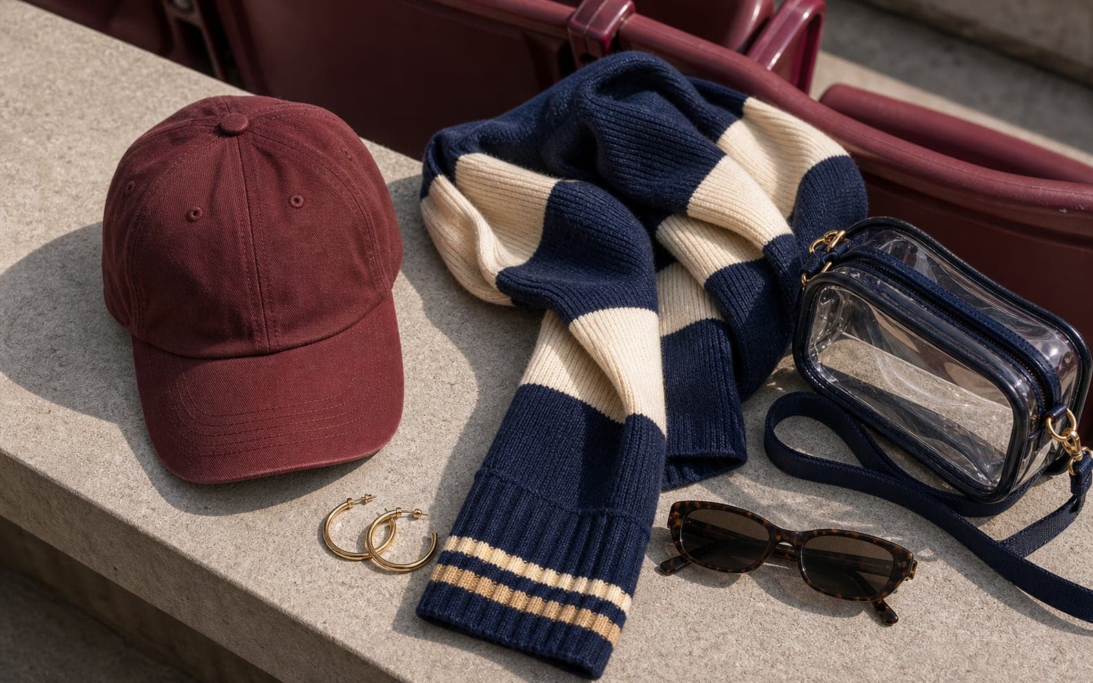 A burgundy baseball cap and navy-and-cream striped knit scarf styled with hoop earrings, sunglasses, and a compact clear stadium bag.