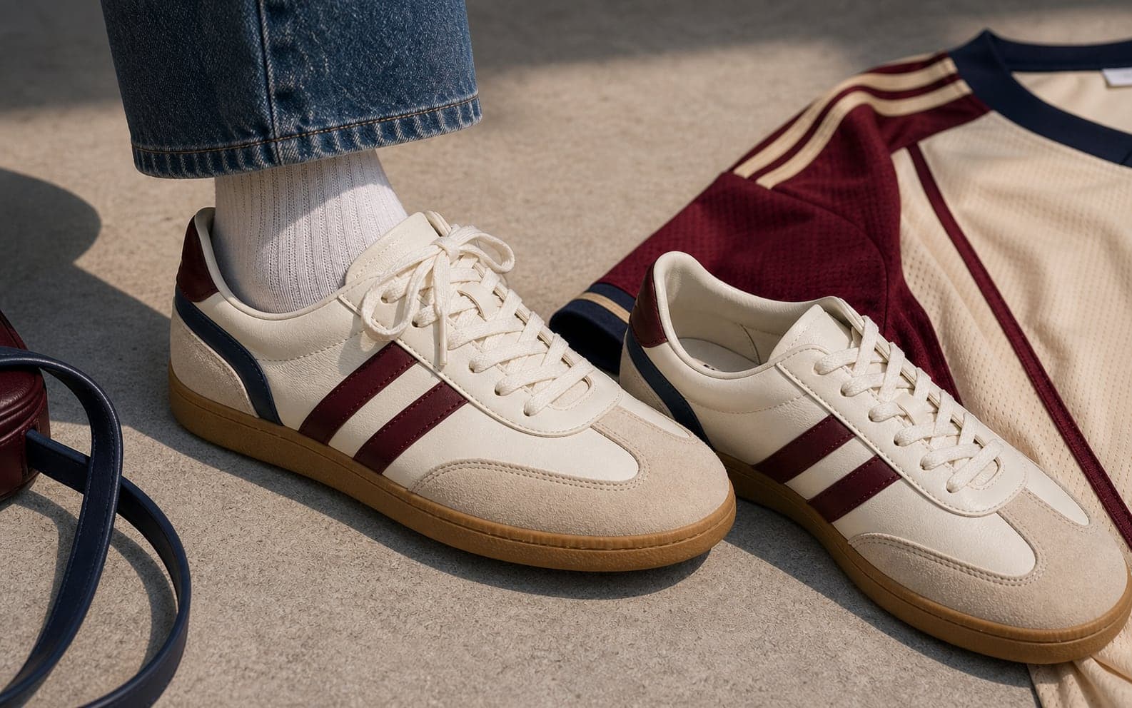 Cream leather and suede retro sneakers with burgundy and navy accents styled beside straight-leg jeans and a jersey.