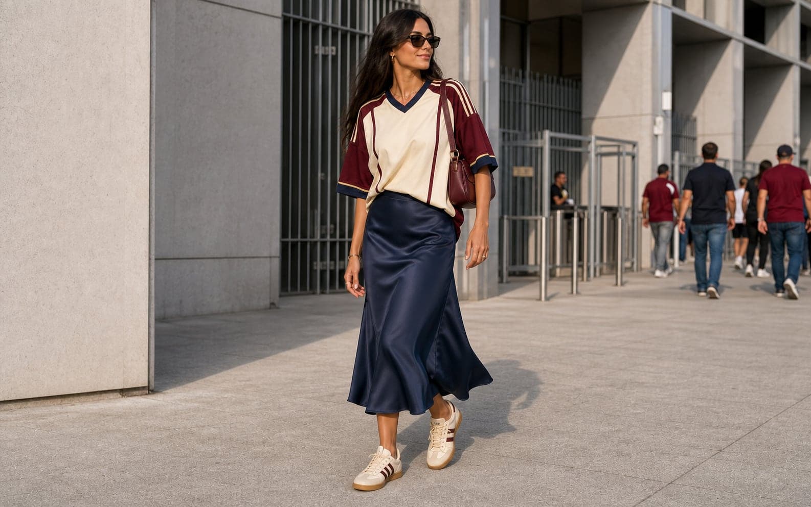 A navy satin midi slip skirt styled with a tucked oversized cream and burgundy jersey, cream retro sneakers, sunglasses, and a shoulder bag.