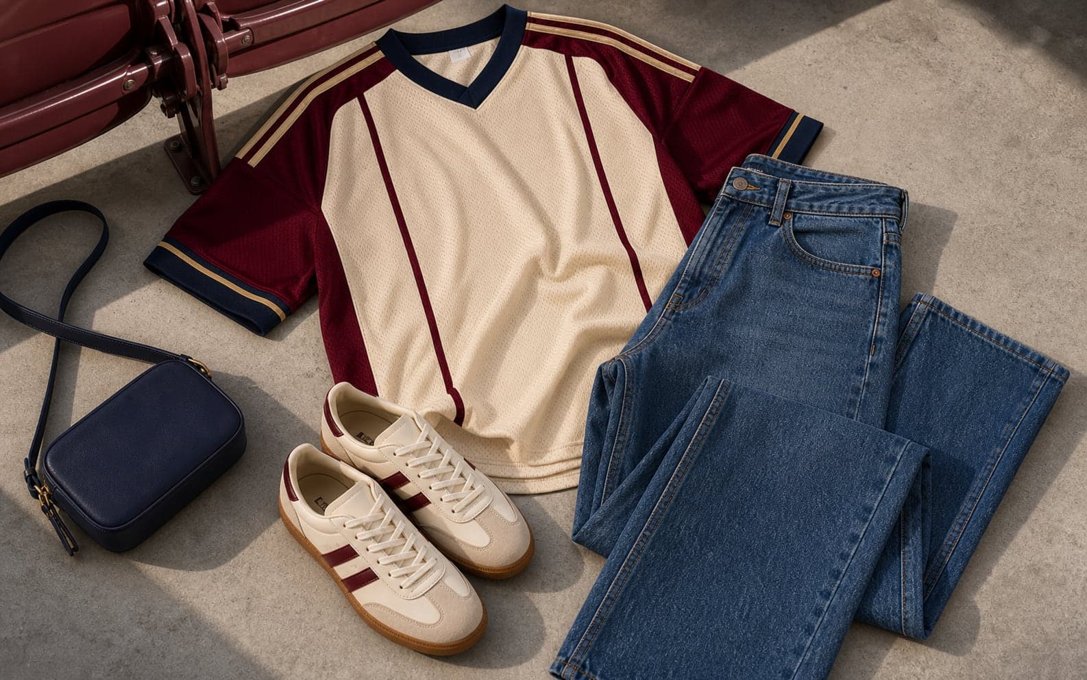 Medium-blue straight-leg jeans styled with a cream and burgundy generic jersey, cream retro sneakers, and a small navy bag.