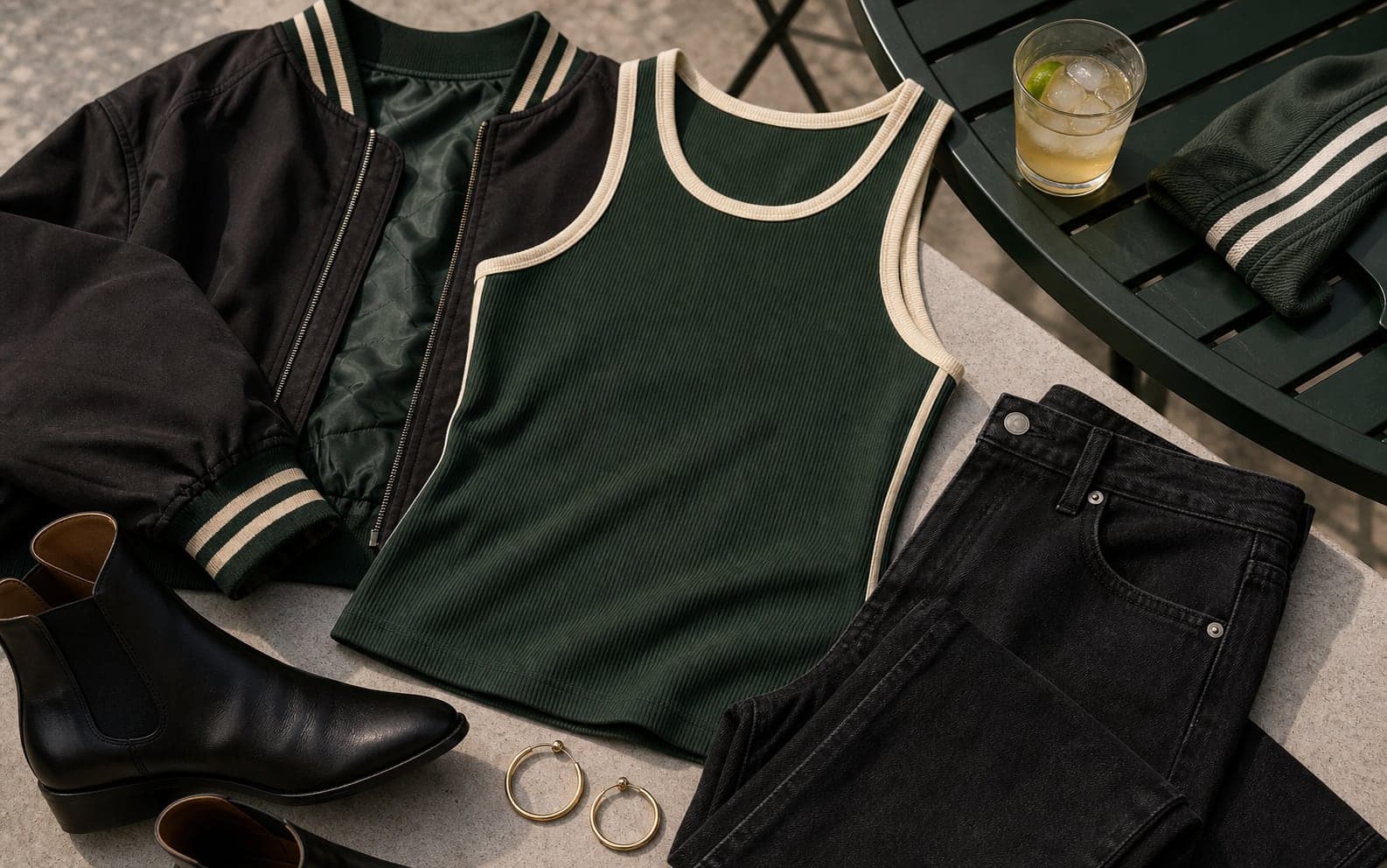 A fitted forest green ribbed tank styled with relaxed black jeans, a cropped bomber, hoop earrings, and ankle boots.