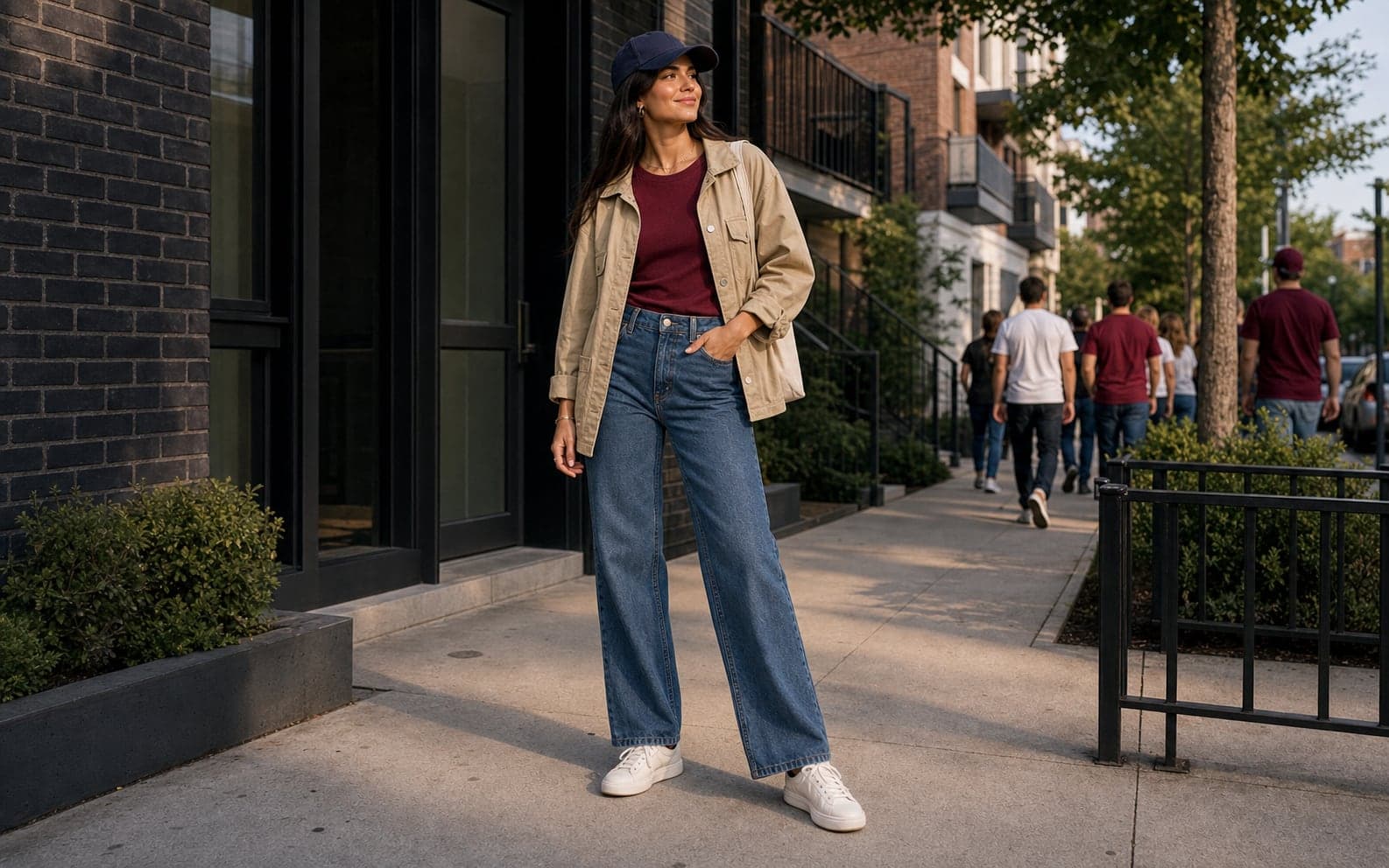 A woman in a burgundy tee, straight blue jeans, beige utility jacket, white sneakers, and navy cap outside an apartment building.