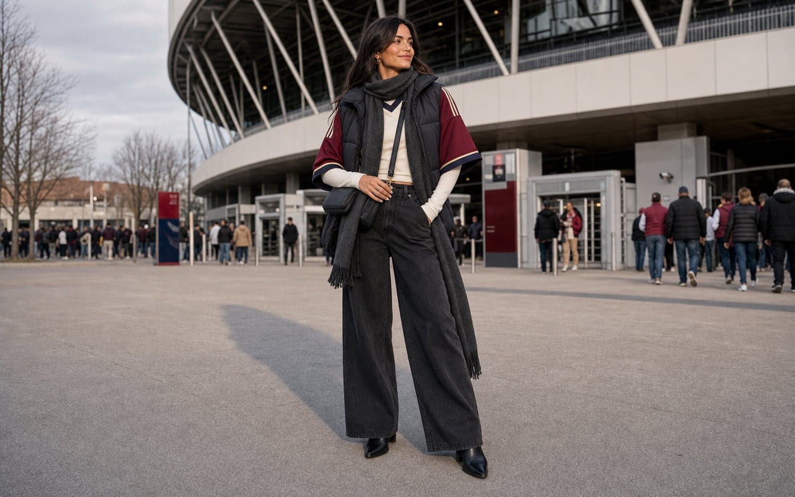 A woman outside a stadium wearing a fitted cream long sleeve under an oversized burgundy and navy jersey, wide-leg dark jeans, black puffer vest, scarf, and boots.