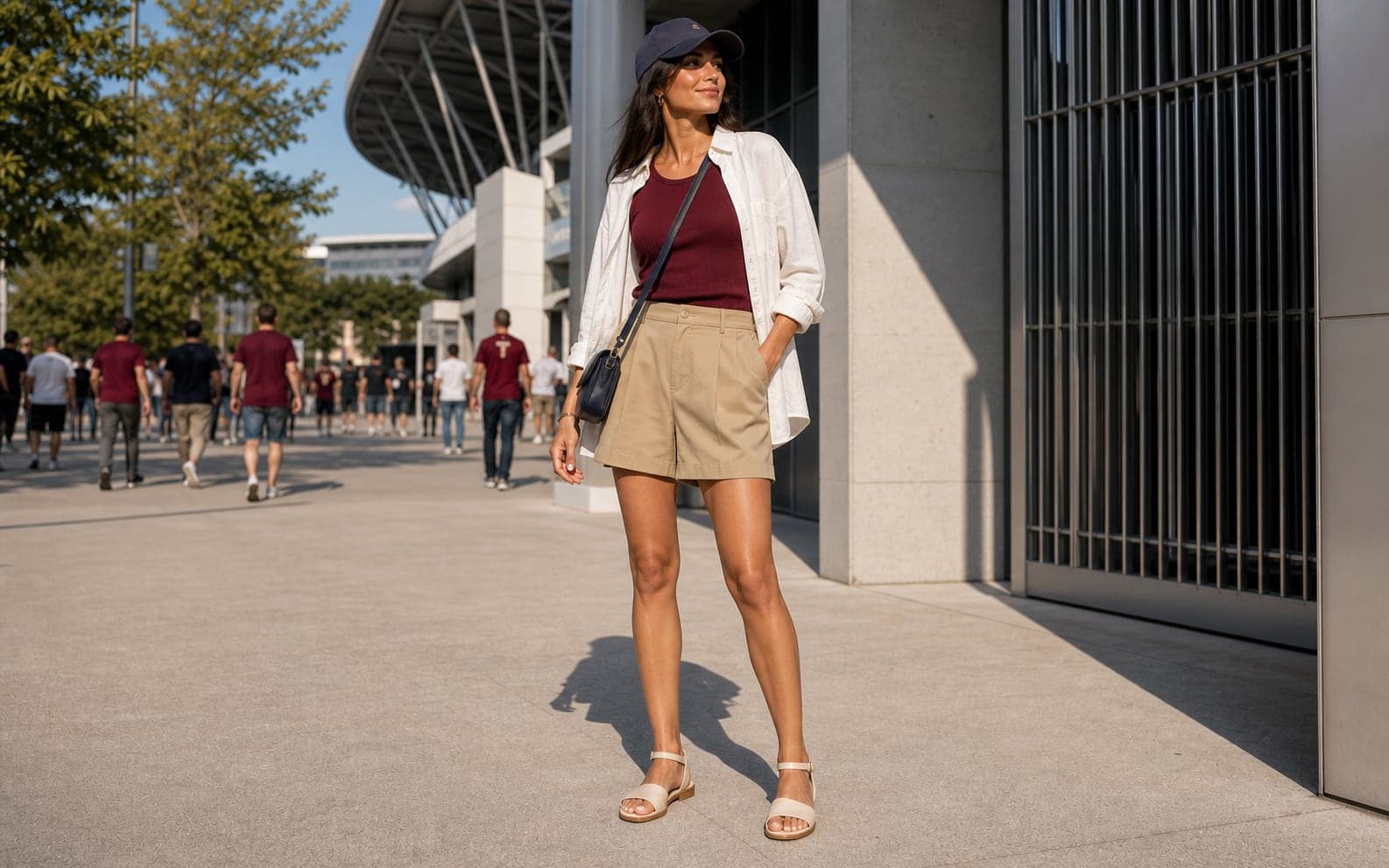 A woman on a sunny stadium walkway wearing a burgundy ribbed tank, tailored khaki shorts, white overshirt, cream flat sandals, and navy cap.