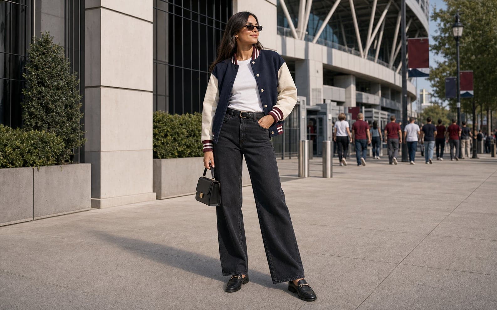 A woman on a stadium-adjacent street wearing a navy varsity jacket with cream sleeves, white tee, dark straight jeans, black loafers, and structured bag.