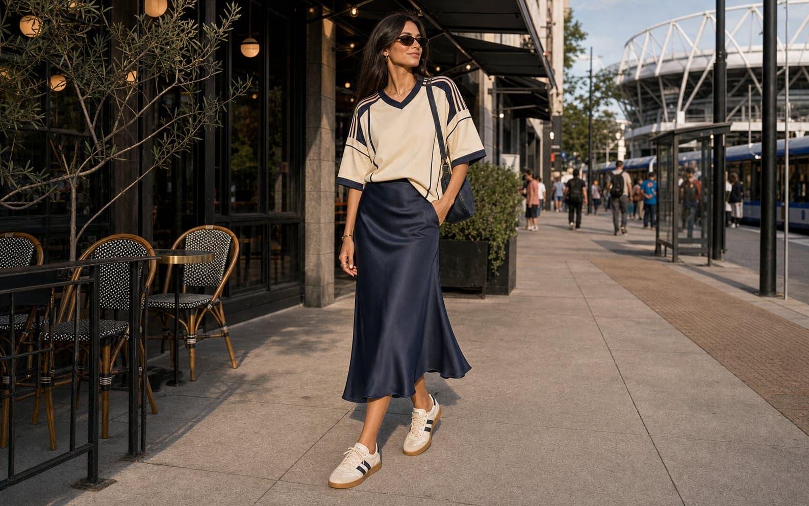 A woman on a city sidewalk wearing an oversized cream and navy soccer-style jersey tucked into a navy satin midi skirt with cream sneakers and sunglasses.