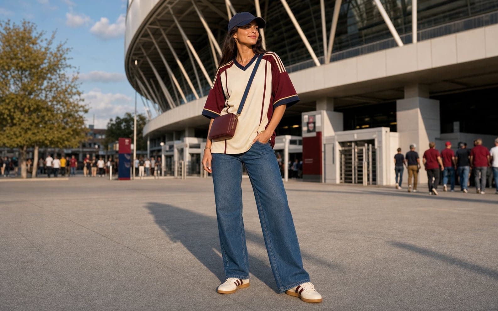 A woman outside a stadium wearing an oversized cream and burgundy jersey, straight-leg jeans, cream retro sneakers, a burgundy crossbody, and navy cap.