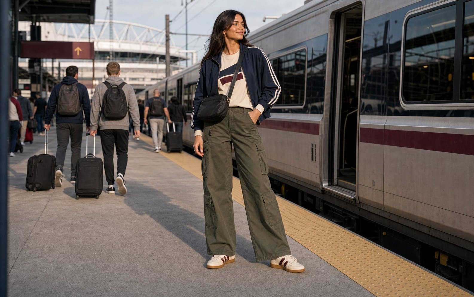 A woman on a transit platform wearing a simple team-color tee, olive cargo pants, navy cropped track jacket, cream retro sneakers, and black nylon crossbody.