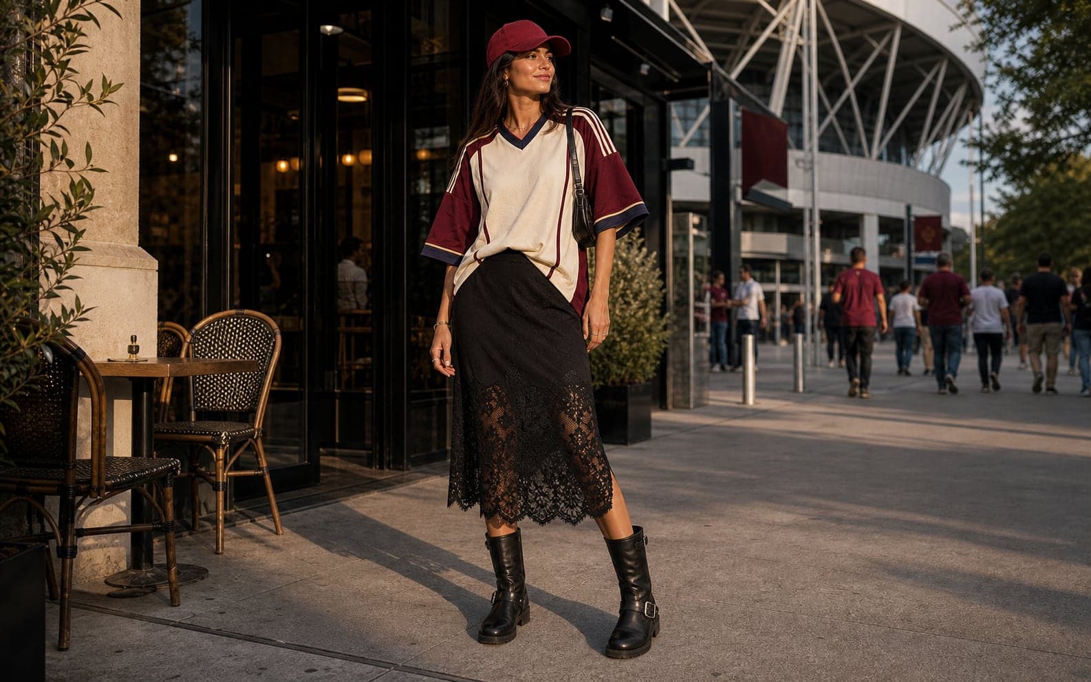 A woman near a stadium cafe wearing an oversized cream and burgundy jersey, black lace-trim midi skirt, rugged black boots, and burgundy cap.