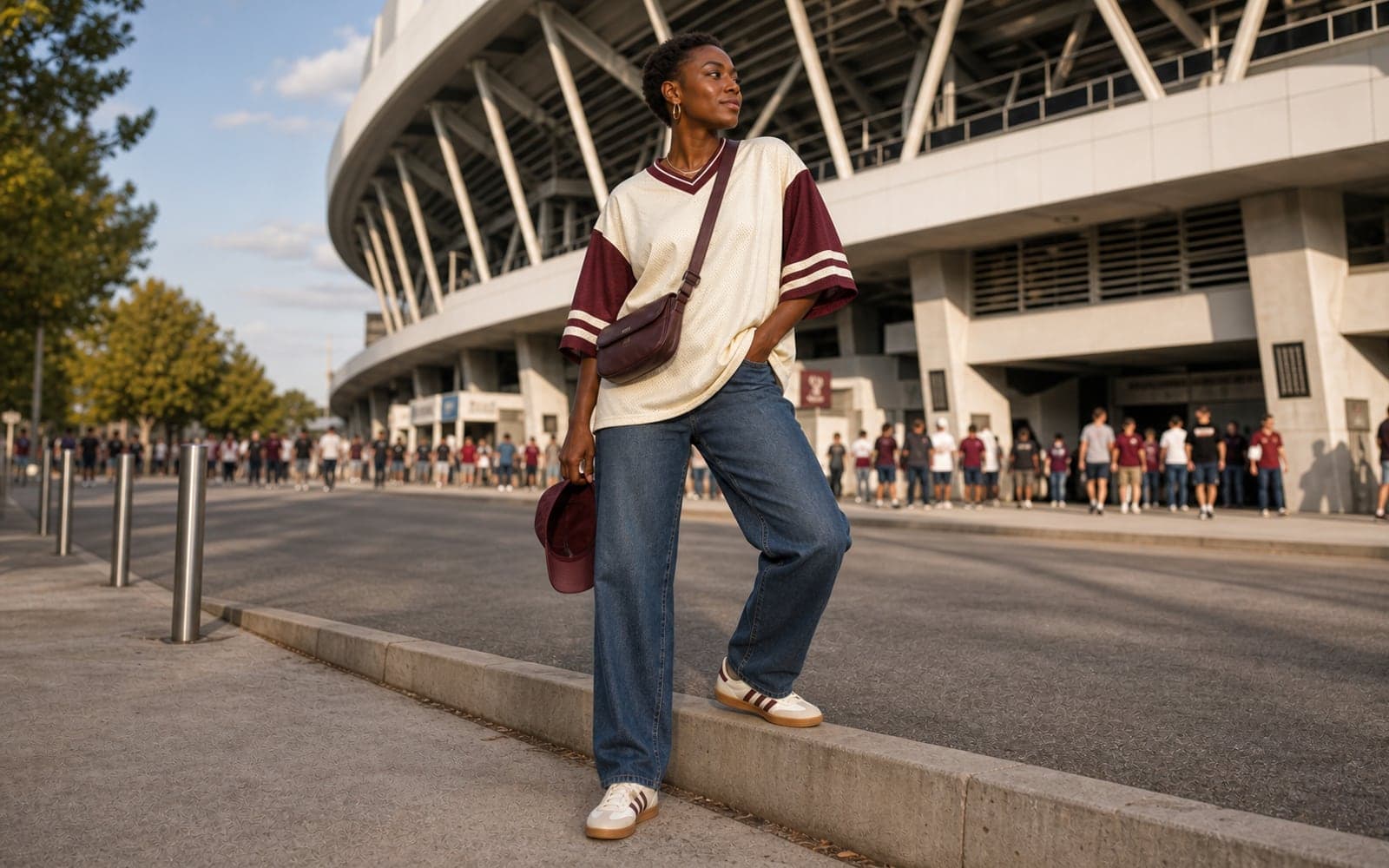 A woman outside a stadium wearing an oversized cream and burgundy sports jersey, straight-leg jeans, cream retro sneakers, and a compact crossbody bag, standing with one foot on a curb.