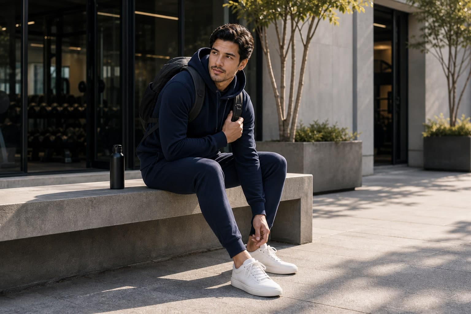 A man in a gray crewneck sweatshirt, navy lightweight windbreaker, black nylon pants, and cream retro runners walking on a city sidewalk.