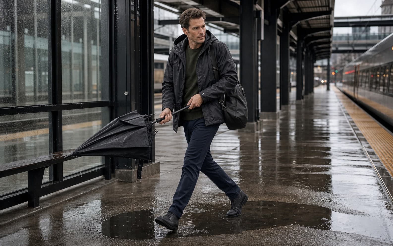 A man in a matte navy rain shell, charcoal trousers, waterproof sneakers, and a black technical backpack walking on a wet city sidewalk.