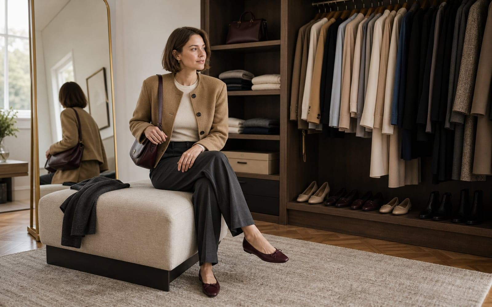 A woman in tailored trousers, a fitted knit, structured jacket, burgundy flats, and a shoulder bag seated on a closet bench beside color-organized clothing.