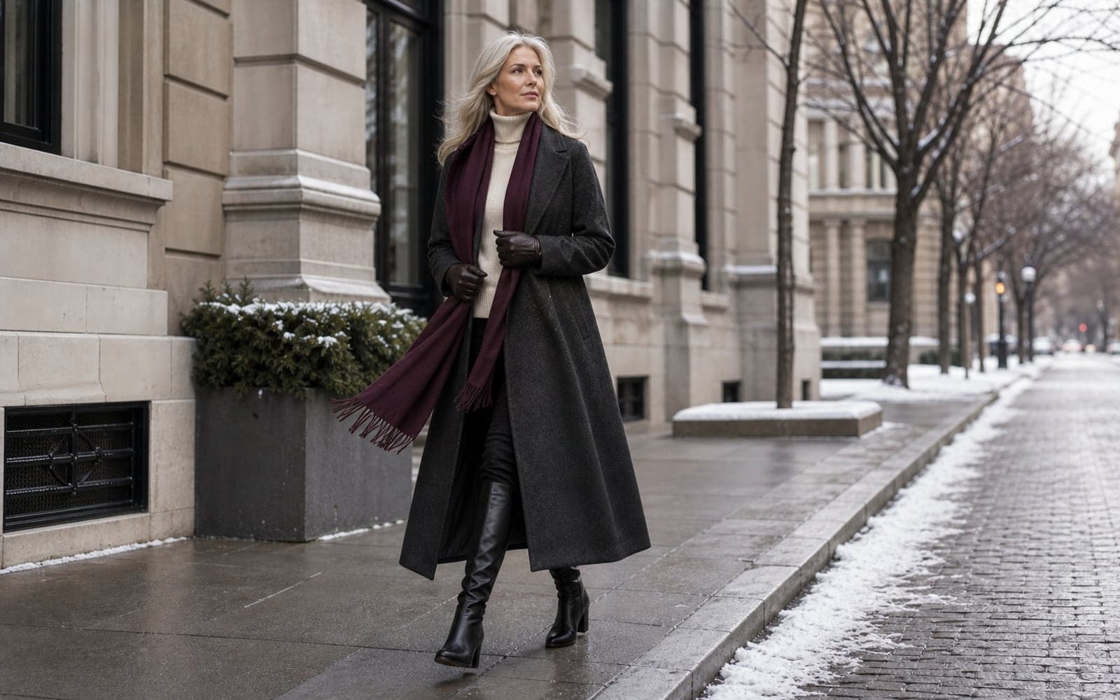 A woman in a long charcoal wool coat, cream turtleneck, tall black boots, burgundy scarf, and leather gloves walking along a snowy city street.