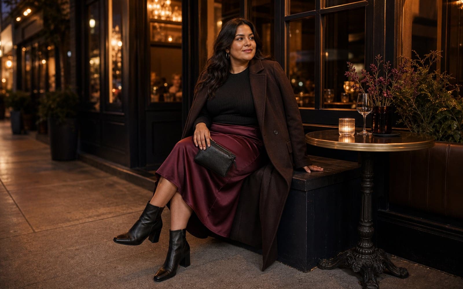 A woman in a burgundy satin midi skirt, black ribbed knit top, long chocolate coat, and black ankle boots seated outside a warmly lit restaurant.