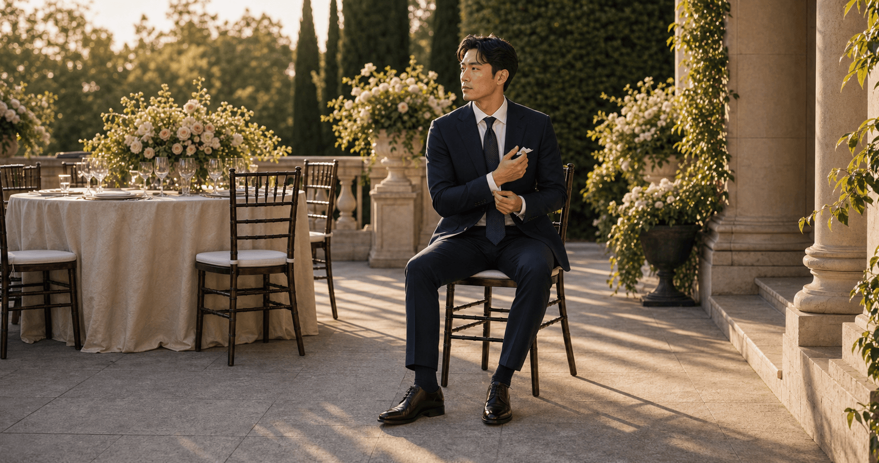 A man in a tailored navy suit, white shirt, burgundy tie, and polished black dress shoes standing outside a refined city wedding venue.