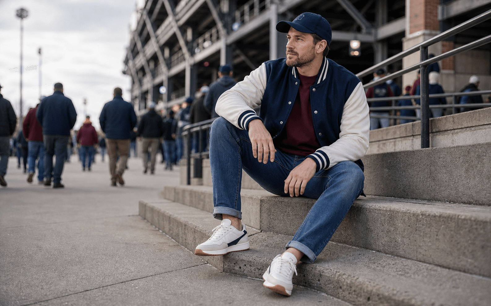 A man outside a stadium wearing a vintage-style jersey under a navy chore coat with straight jeans, retro sneakers, and a simple cap.