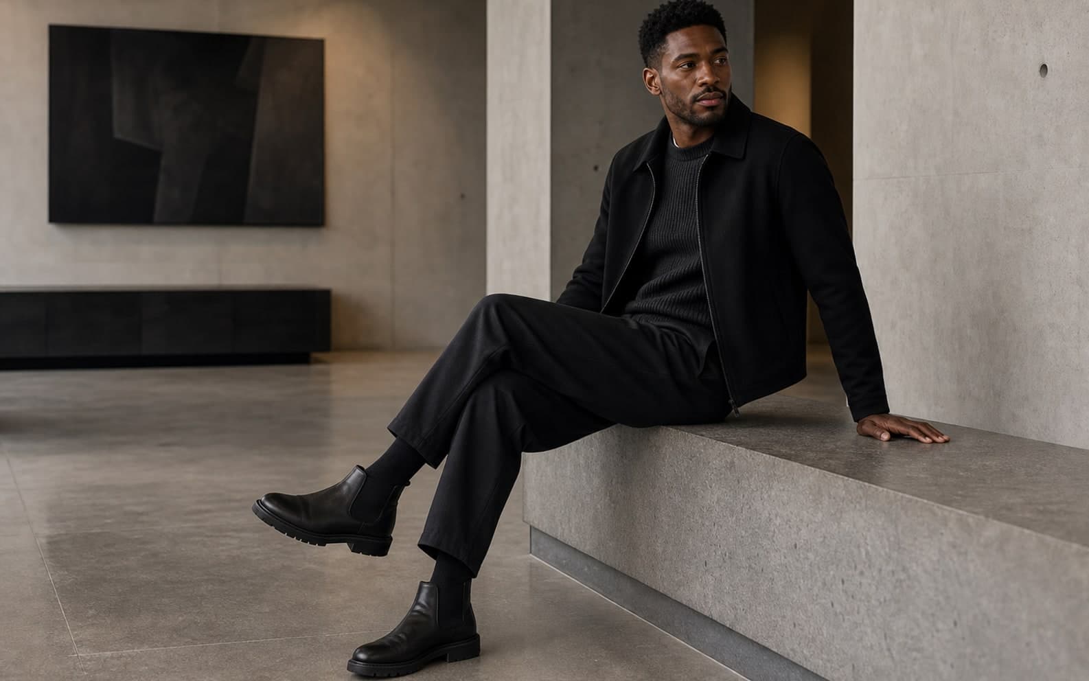 A man in a tonal black outfit with washed black jeans, a black ribbed knit, cropped black jacket, and black leather boots on a quiet city street.