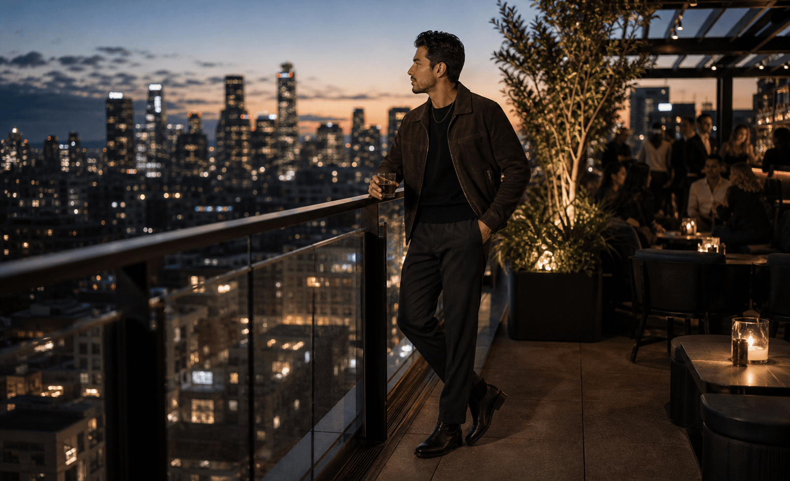 A man in a black heavyweight T-shirt, cropped black leather jacket, relaxed washed black jeans, and black boots outside a dimly lit city bar.