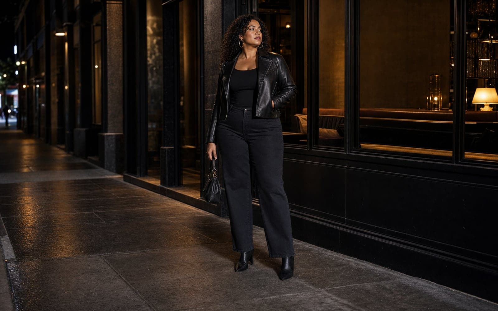 A woman in a black fitted top, cropped leather jacket, dark night-out base, heeled boots, and metallic earrings standing on a downtown city street at night.