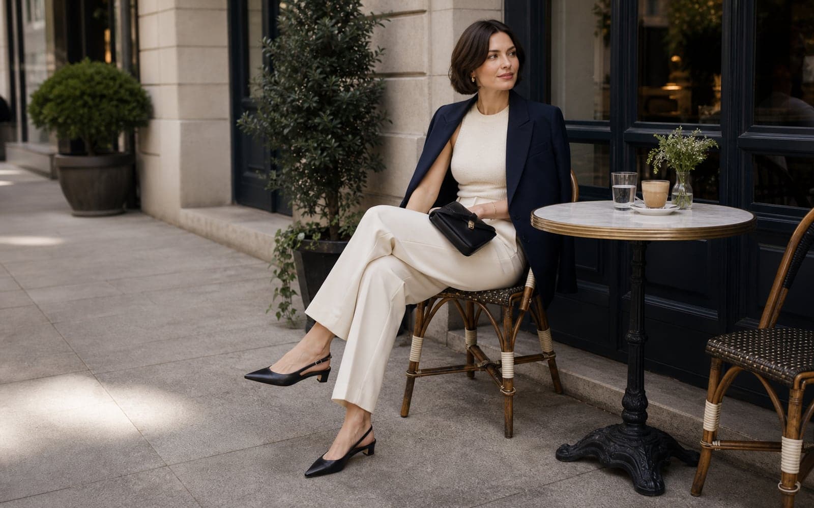 A woman in cream tailored trousers, an ivory sleeveless knit, navy blazer, black slingback flats, and a small structured bag seated at a refined city cafe.