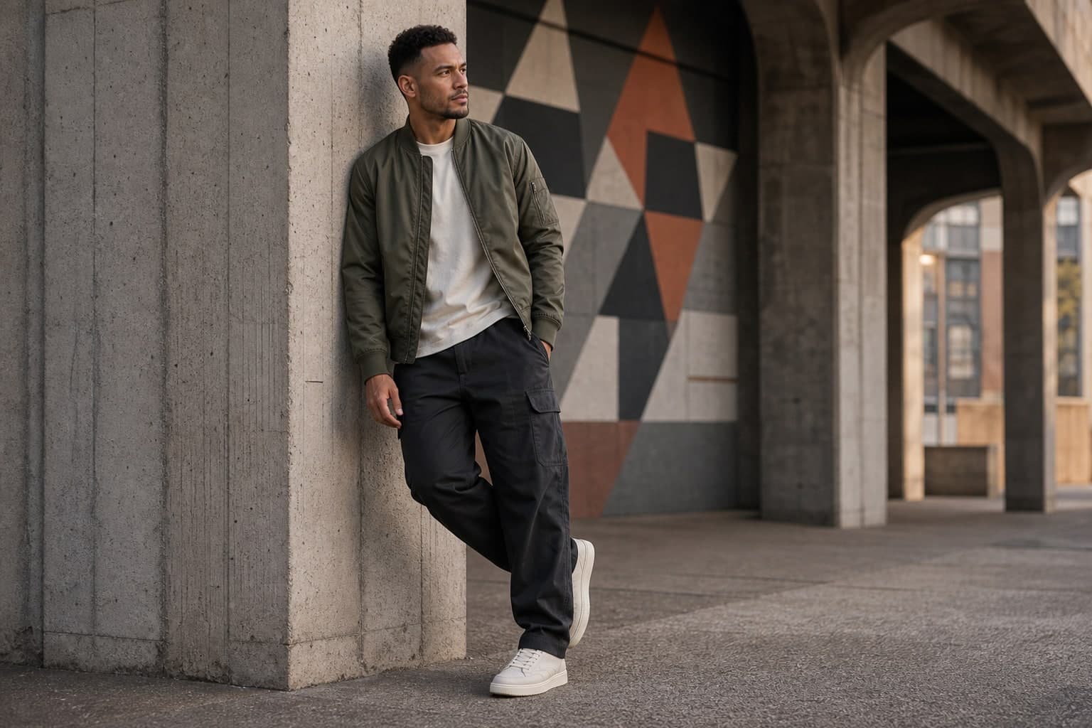 A man in a black tee, olive cropped bomber, relaxed washed black jeans, and gray retro runners walking on a city sidewalk.