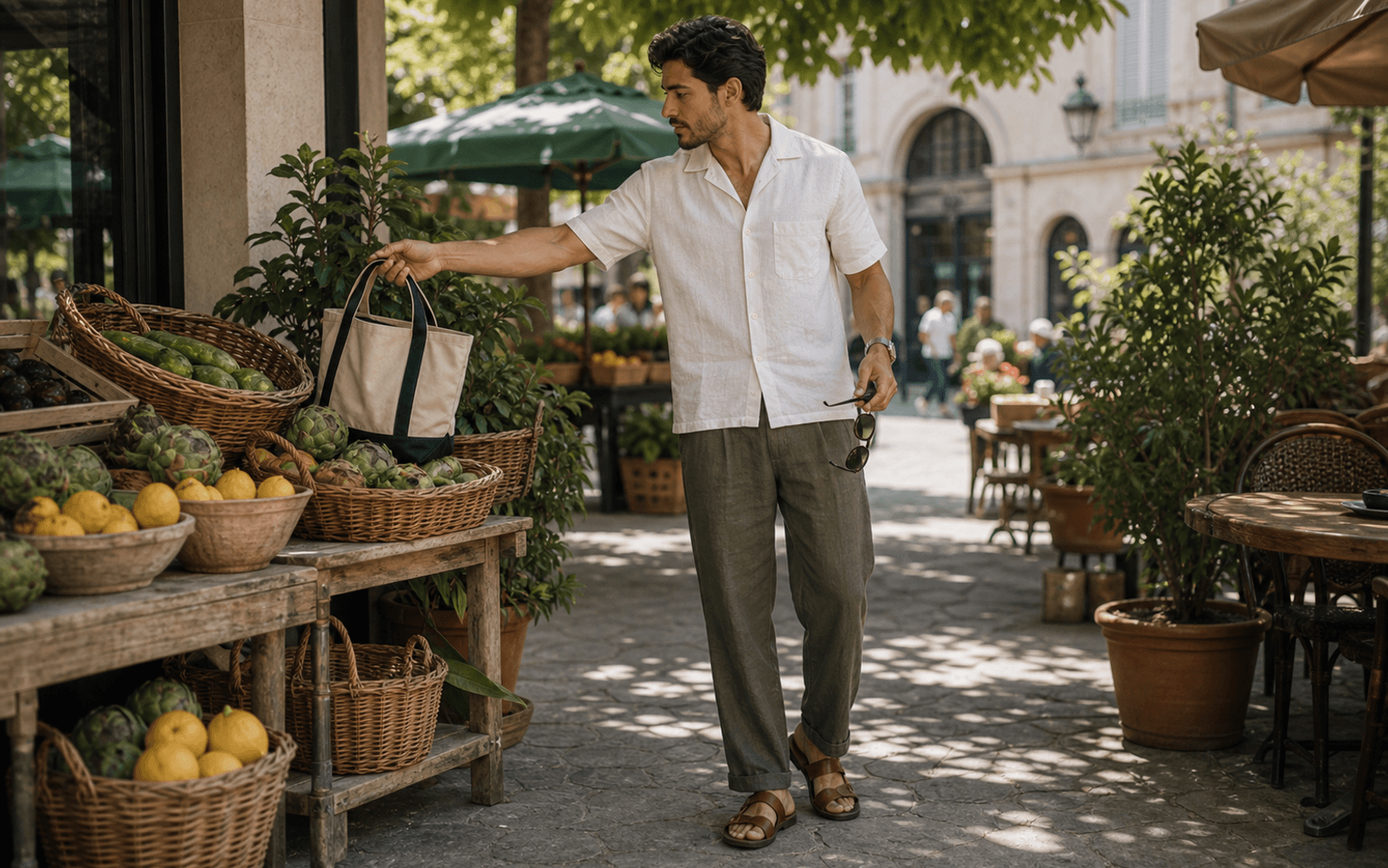 A man in an ecru open-weave knit polo, olive linen trousers, brown suede loafers, sunglasses, and a canvas tote walking on a summer city sidewalk.