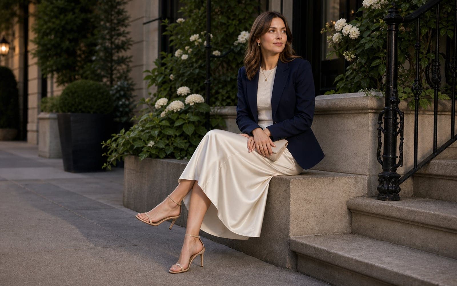 A woman in an ivory satin midi skirt, fitted knit top, cropped navy blazer, and heeled sandals seated on stone townhouse steps.