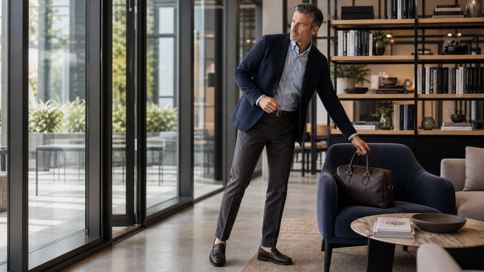 A man walking through a modern office in a navy chore jacket, pale blue oxford shirt, charcoal trousers, dark brown loafers, and a structured work bag.