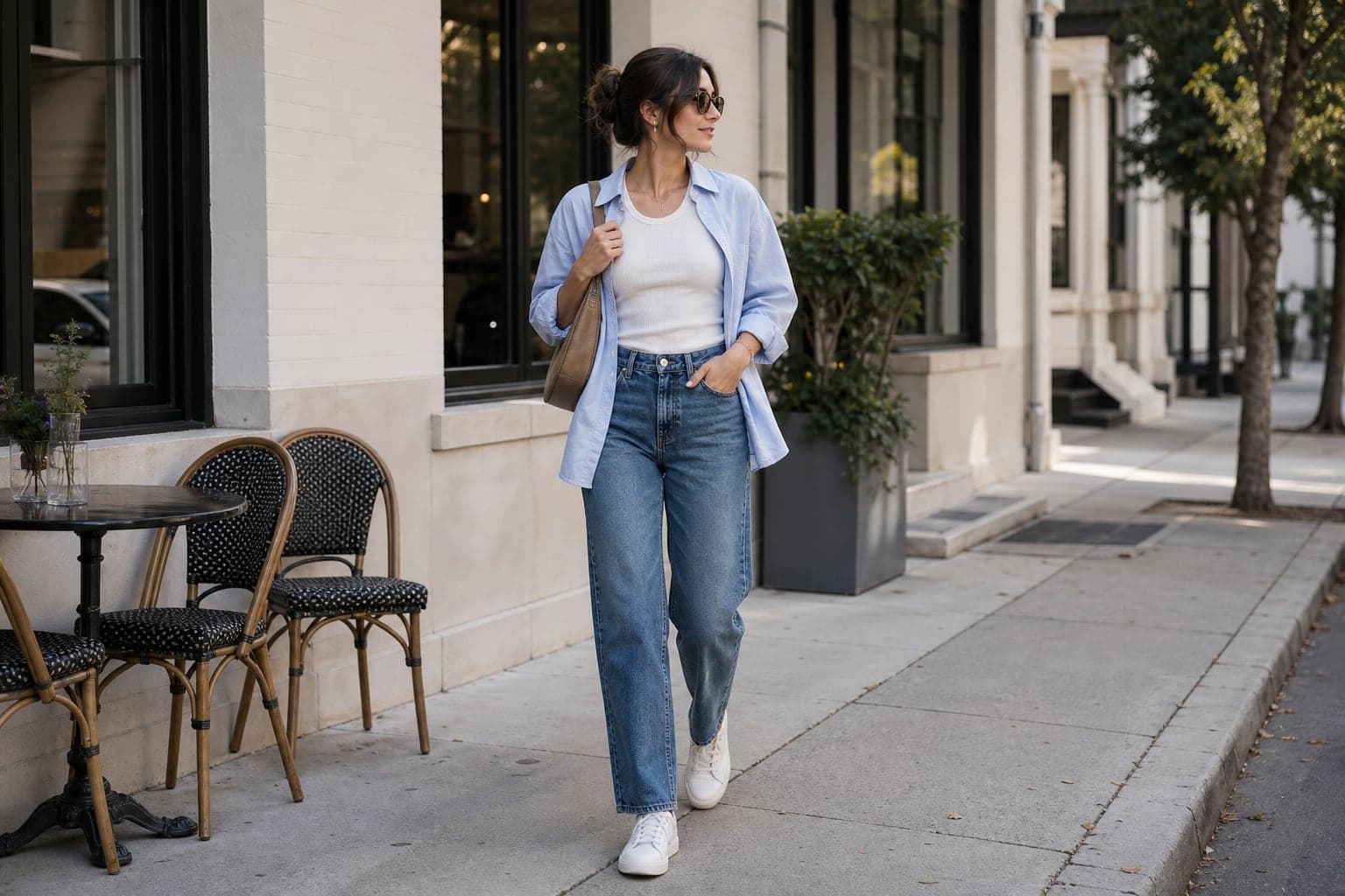 A woman wearing a long wool coat over a simple knit and trousers on a quiet city street.