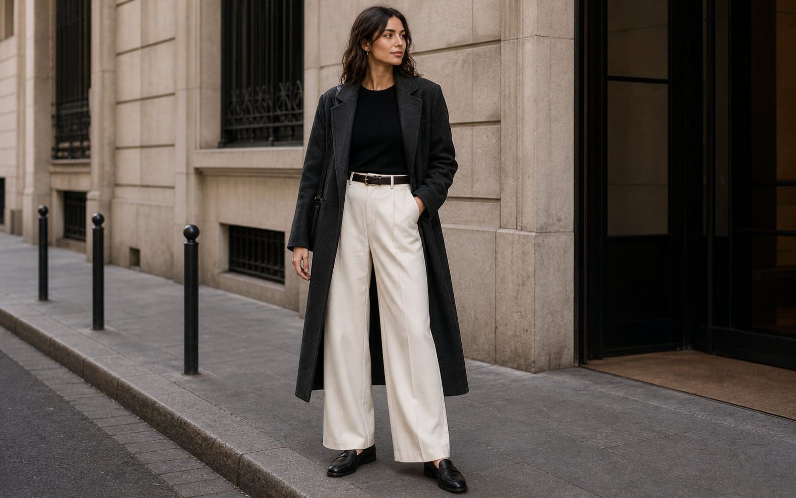 A woman wearing a black knit shell, ivory wide-leg trousers, leather belt, long coat, and loafers.
