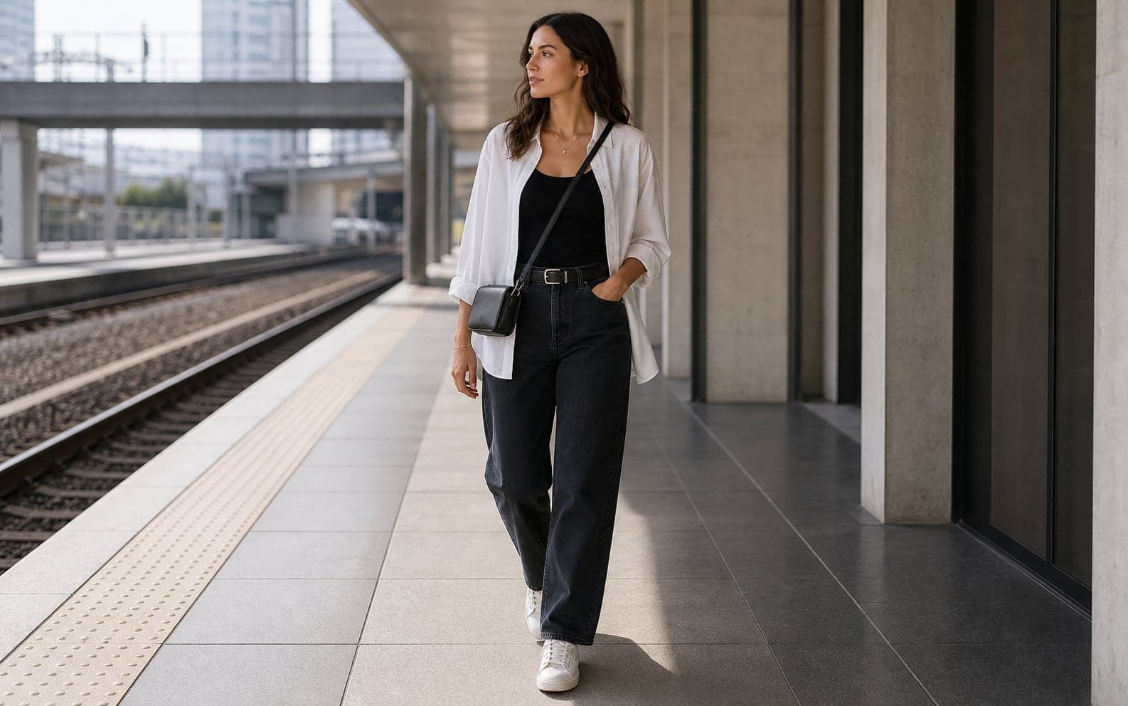 A woman wearing an open white button-down over a tank with dark trousers, sleek sneakers, and a crossbody bag.