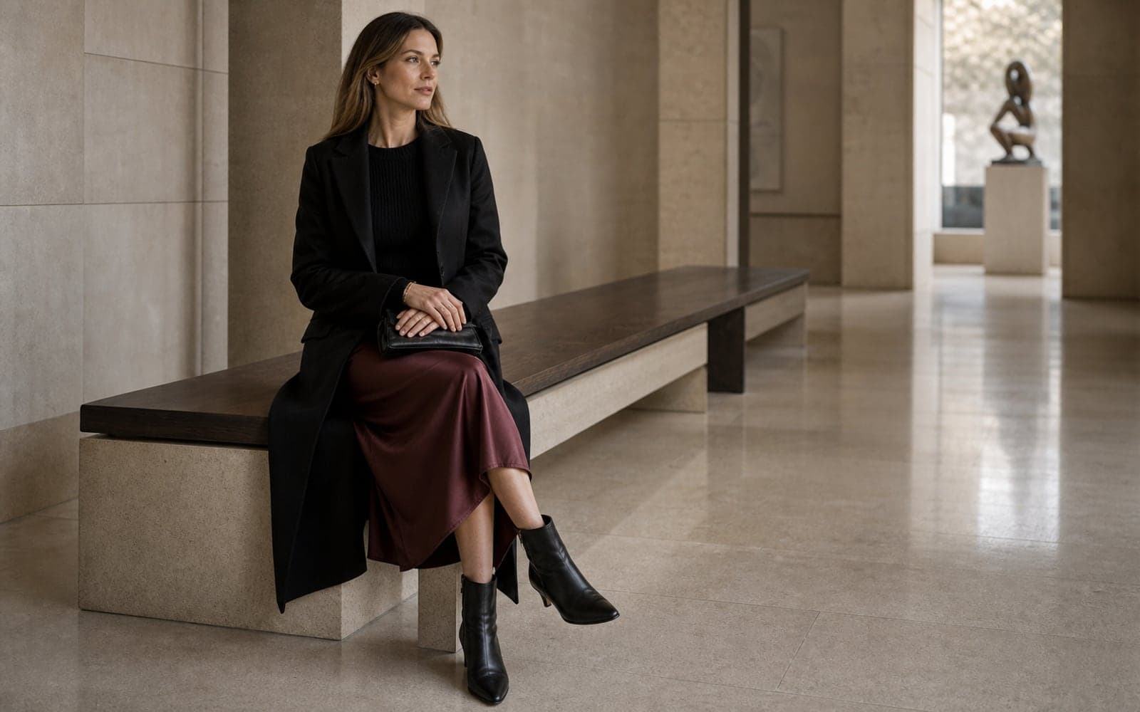 A woman in a long dark coat, black knit top, burgundy satin skirt, and black ankle boots seated on a bench in a minimal gallery corridor.