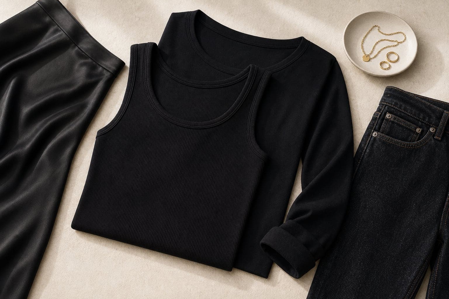 Black base tops styled with satin, dark denim, and simple gold jewelry.