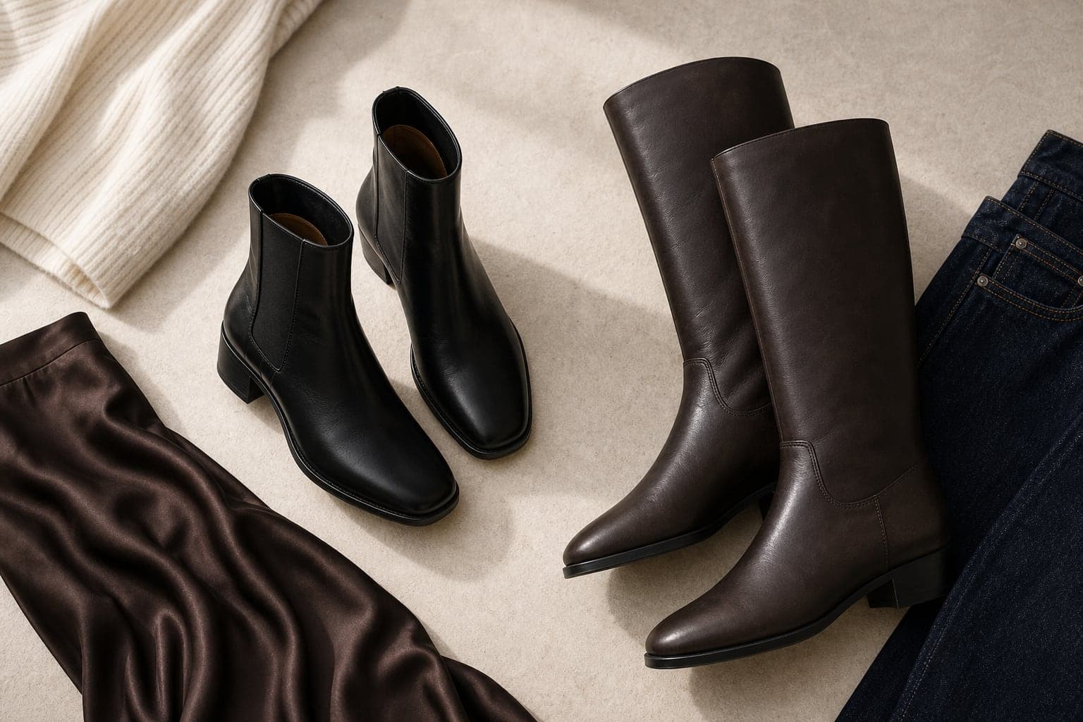 Black ankle boots and tall dark brown boots styled with a satin skirt edge, jeans, and a cream knit.