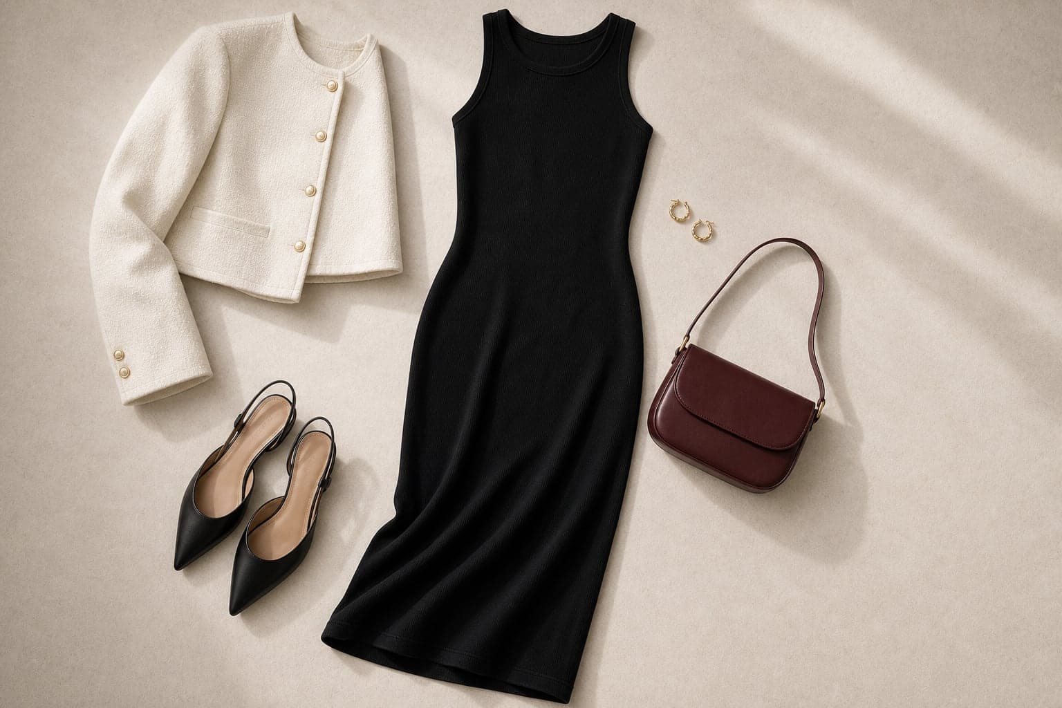 A simple black day-to-night dress styled with a cropped cream jacket, flats, jewelry, and a shoulder bag.