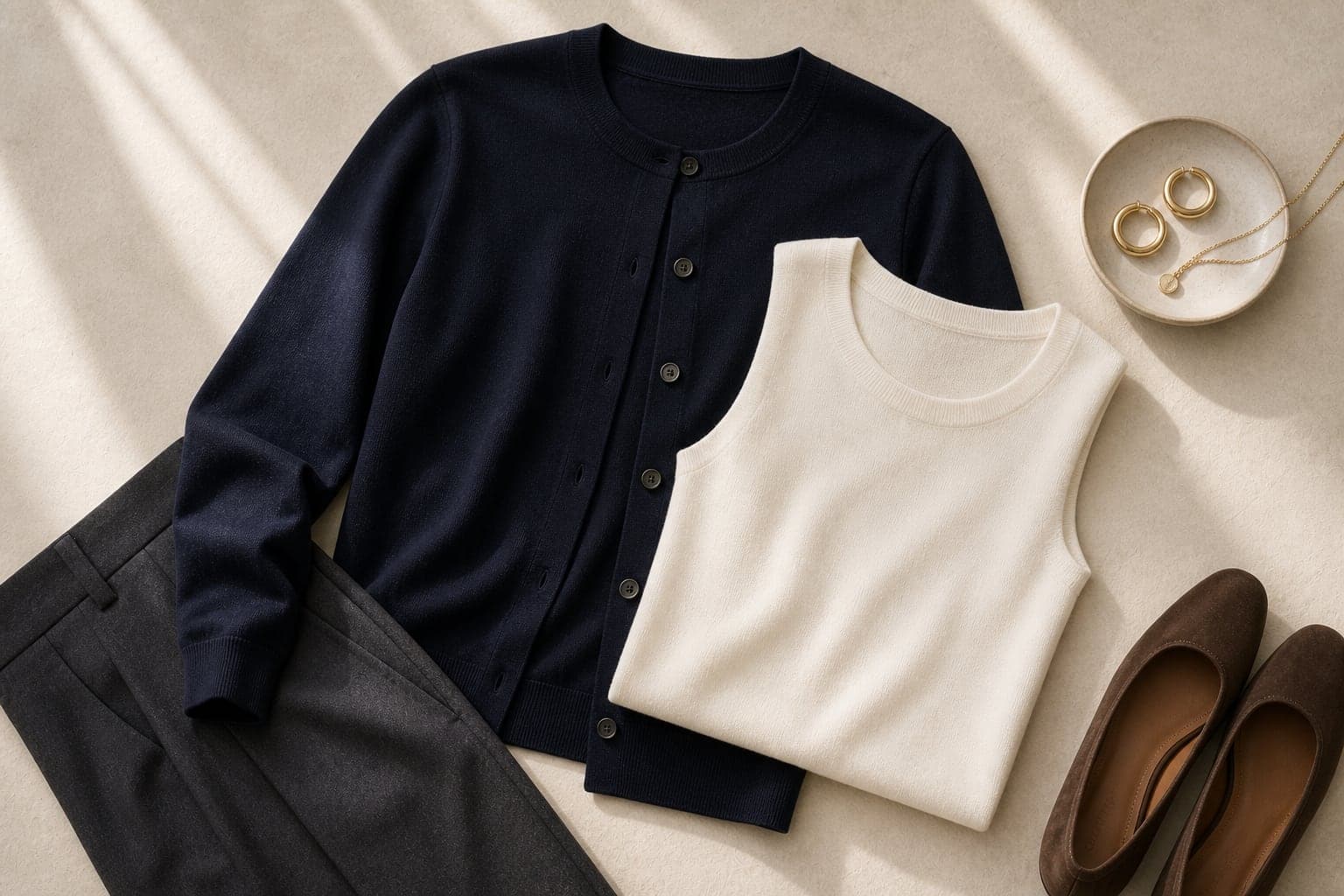 Fine-gauge knitwear styled with relaxed trousers and delicate earrings.