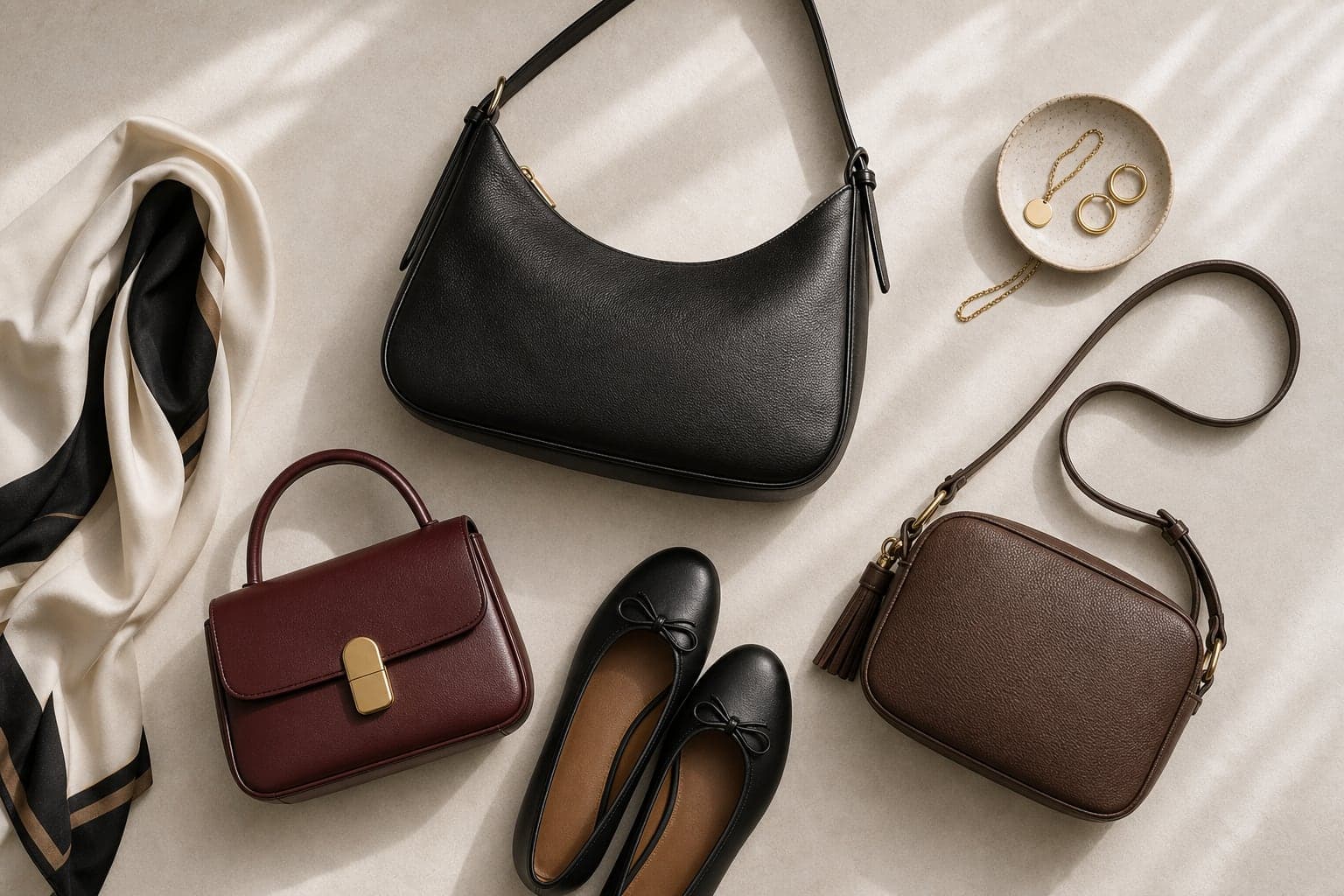 Structured black, burgundy, and brown bags arranged with a scarf, flats, and simple jewelry.