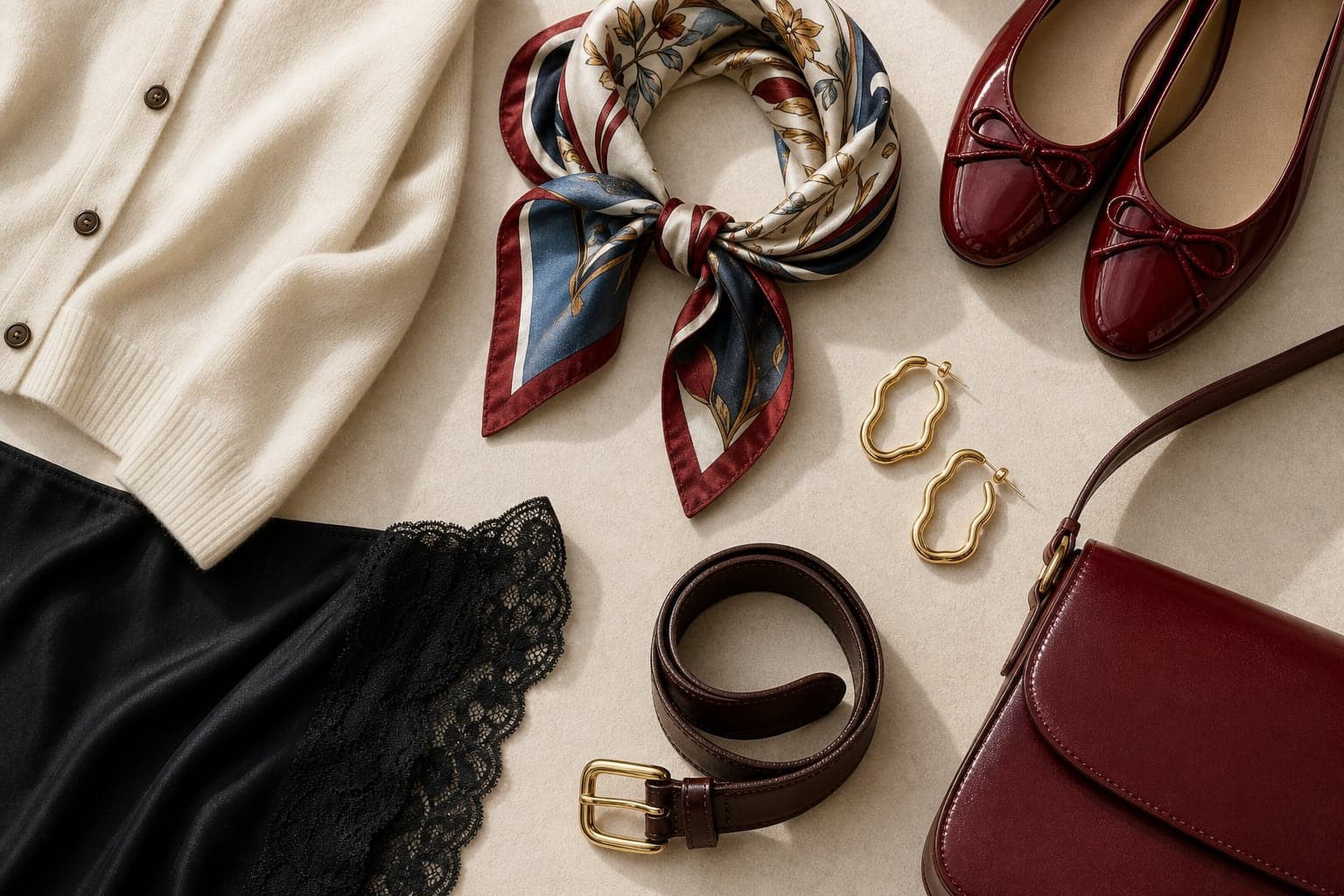 A red flat, printed silk scarf, sculptural earrings, vintage belt, lace-trim skirt edge, and cardigan detail.