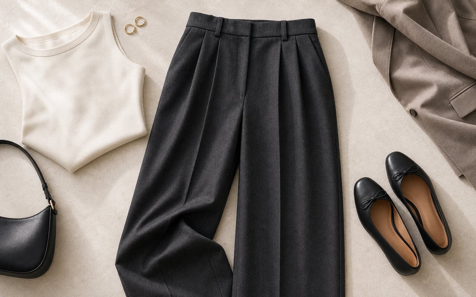 Relaxed charcoal pleated trousers styled with an ivory knit, black flats, and a structured shoulder bag.